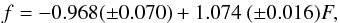 $$ f = - 0.968 (\pm0.070) + 1.074\ (\pm0.016)F , $$