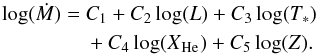 \begin{eqnarray} \label{eq:mdot-fit_obs} \log (\dot{M})& = & C_1 + C_2 \log (L) + C_3 \log (T_*)\nonumber \\ &&+ C_4 \log (X_{\element{He}}) + C_5 \log (Z). \end{eqnarray}