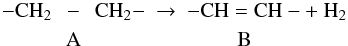 \begin{eqnarray*} -{\rm CH}_2 &\!\!-&\!\! {\rm CH}_2- \ \rightarrow\ -{\rm CH}={\rm CH}- + \ {\rm H}_2 \\ &\!\! {\rm A}& \hspace{2.3cm} {\rm B} \end{eqnarray*}