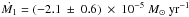 \hbox{$\dot{M_1}=(-2.1~\pm~0.6)~\times~10^{-5}~M_{\odot}~\mathrm{yr^{-1}}$}