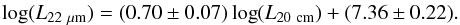 \begin{eqnarray*} \log(L_{22~\mu {\rm m}})=(0.70\pm0.07)\log(L_{20~{\rm cm}}) +(7.36\pm0.22). \end{eqnarray*}