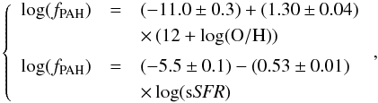 \begin{equation} \left \{ \begin{array}{lcl} {\rm log}(f_{{\rm PAH}}) & = & (-11.0 \pm 0.3) + (1.30 \pm 0.04) \\[1mm] && \times\, (12+{\rm log(O/H)}) \\[2mm] {\rm log}(f_{{\rm PAH}}) & = & (-5.5 \pm 0.1) - (0.53 \pm 0.01) \\[1mm] && \times \,{\rm log}({\rm s}{\it SFR}) \end{array} \right ., \end{equation}