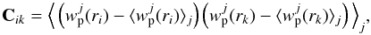 \begin{equation} \textrm{\textbf{C}}_{ik} = \Big\langle\left(w_{\rm p}^j(r_i) - \langle w_{\rm p}^j(r_i)\rangle_j\right) \left(w_{\rm p}^j(r_k) - \langle w_{\rm p}^j(r_k)\rangle_j\right)\Big\rangle_j, \label{eq:covariance} \end{equation}