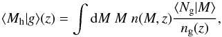 \begin{equation} \label{eq:halo_mass} \langle M_{\rm h}|g\rangle(z) = \int {\rm d}M\ M\ n(M,z)\frac{\langle N_{\rm g}|M\rangle}{n_{\rm g}(z)}, \end{equation}