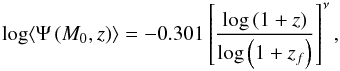 \begin{equation} \log\langle \Psi \left(M_0,z\right)\rangle = -0.301 \left[\frac{\log\left(1+z\right)}{\log\left(1+z_f\right)}\right]^{\nu}, \label{eq:mass_growth_vdb} \end{equation}