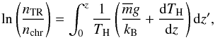 \begin{equation} {\rm ln} \left(\frac {n_{\rm TR}}{n_{\rm chr}} \right)= \int^{z}_{0} \frac {1} {T_{\rm H}} \left(\frac{\overline{m}g}{k_{\rm B}} + \frac{{\rm d}T_{\rm H}}{{\rm d}z} \right) {\rm d}z', \label{n_ZT} \end{equation}