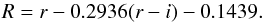 \begin{equation} R = r - 0.2936(r - i) - 0.1439. \end{equation}
