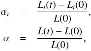 \begin{eqnarray} \label{alpha_mom} \alpha_i &=& \frac{ {L}_i(t)- {L}_i(0)}{ {L}(0)},\nonumber\\ \alpha & =& \frac{ {L}(t)- {L}(0)}{ {L}(0)}, \end{eqnarray}