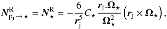 \begin{equation} \label{torquesR} {\vec{N}^{\rm R}_{{\rm p}_{\rm j}\, \rightarrow\, \star}} = {\vec{N}^{\rm R}_{\star}} = - \frac{6}{\rj^5}C_\star \frac{ {\rj}.{\Os}}{\Os^2}\left( {\rj}\times{\Os}\right), \end{equation}