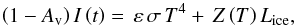 \begin{equation} \left( 1-A_{\rm v} \right) I\left( t \right)=\, \varepsilon \, \sigma \, T^{4}+\, Z\left( T \right) L_{\rm ice}, \label{eq1} \end{equation}
