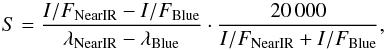 \begin{equation} S=\frac{I/F_{\rm NearIR}-I/F_{\rm Blue}}{\lambda_{\rm NearIR}-\lambda_{\rm Blue}}\cdot \frac{20\,000}{I/F_{\rm NearIR} + I/F_{\rm Blue}} , \label{eq:reddening} \end{equation}