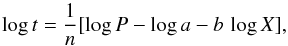 \begin{equation} \label{age_eq} \log t = \frac{1}{n}[\log P - \log a - b\,\log X], \end{equation}