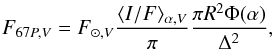 \begin{equation} F_{67P,V}=F_{\odot,V}\frac{\langle I/F \rangle _{\alpha,V}}{\pi }\frac{\pi R^2 \Phi (\alpha)}{\Delta^2} \label{eq:magn_refl} , \end{equation}
