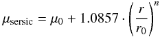 \begin{eqnarray*} \mu_{\rm sersic}= \mu_0+1.0857\cdot\left(\frac{r}{r_0}\right)^{n} \end{eqnarray*}