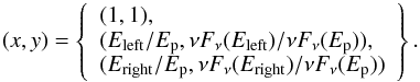 \begin{equation} (x,y) = \left\{ \begin{array}{ll} (1, 1) , \\ (E_\text{left}/E_\text{p}, \nu F_\nu(E_\text{left})/\nu F_\nu(E_\text{p})) , \\ (E_\text{right}/E_\text{p}, \nu F_\nu(E_\text{right})/\nu F_\nu(E_\text{p})) \end{array} \right\} . \end{equation}