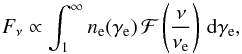 \begin{equation} \label{eqn:synchrotron} F_\nu \propto \int_1^\infty n_\text{e}(\gamma_\text{e}) \, \mathcal{F}\left(\frac{\nu}{\nu_\text{e}}\right) \, \mathrm{d}\gamma_\text{e} , \end{equation}
