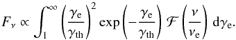 \begin{equation} \label{eqn:maxw} F_\nu \propto \int_1^\infty \left(\frac{\gamma_\text{e}}{\gamma_\text{th}}\right)^2 \exp\left(-\frac{\gamma_\text{e}}{\gamma_\text{th}}\right) \, \mathcal{F}\left(\frac{\nu}{\nu_\text{e}}\right) \, \mathrm{d}\gamma_\text{e}. \end{equation}