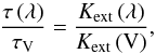 \begin{equation} \frac{\tau\left(\lambda\right)}{\tau_\mathrm{V}} = \frac{K_{\mathrm{ext}}\left(\lambda\right)}{K_{\mathrm{ext}}\left(\mathrm{V}\right)}, \label{eqn:ext} \end{equation}