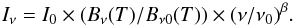 \begin{eqnarray} I_{\nu} = I_{0} \times (B_{\nu}(T)/B_{\nu 0}(T)) \times (\nu/\nu_0)^{\beta}. \label{eq:mbb} \end{eqnarray}