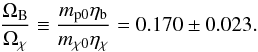 \begin{equation} \frac{\ob}{\ocdm}\equiv \frac{\mpzero\etab}{\mchizero\etachi}=0.170\pm0.023. \label{obocdmlowz} \end{equation}