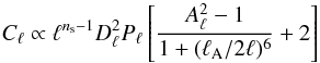 \begin{equation} C_\ell \propto\ell^{n_{\rm s}-1} D_\ell^2 P_\ell \left[\frac{A_\ell^2-1}{1 + (\ell_{\rm A}/2\ell)^6} + 2\right] \label{huformula} \end{equation}