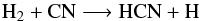 \begin{equation} \label{hydro_hcn} {\rm H_2 + CN \longrightarrow HCN + H} \end{equation}