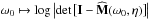 \hbox{${\omega_{0} \mapsto \log \big| \! \det \big[ \mathbf{I} - \widehat{\mathbf{M}}(\omega_{0},\eta) \big] \big| }$}