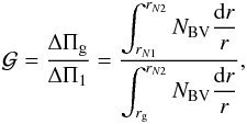 \begin{eqnarray} \label{eqt-periode-glitch} \periodeglitch = {\Delta\Pi\ind{g} \over \Tg} = { \displaystyle{\int_{r_{N1}}^{r_{N2}} \NBV {\diff r \over r}} \over \displaystyle{\int_{r\ind{g}}^{r_{N2}} \NBV {\diff r \over r}} } , \end{eqnarray}