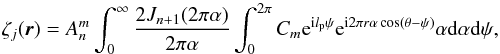 \appendix \setcounter{section}{1} \begin{equation} \label{eq:Zout} \zeta_j(\vec{r}) = A_n^m \int_0^{\infty} \dfrac{2 J_{n+1}(2\pi \alpha)}{2\pi \alpha} \int_0^{2\pi}C_m {\rm e}^{{\rm i}l_{\rm p} \psi} {\rm e}^{{\rm i}2 \pi r \alpha \cos(\theta-\psi)} \alpha {\rm d} \alpha {\rm d} \psi, \end{equation}