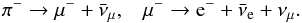 \begin{equation} \pi^- \rightarrow \mu^- + \bar{\nu}_{\mu}, \hspace{3mm} \mu^- \rightarrow \rm{e^-} + \bar{\nu}_{\rm{e}} + \nu_{\mu}. \end{equation}