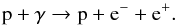 \begin{equation} \rm{p} + \gamma \rightarrow \rm{p} + \rm{e^-} + \rm{e^+}. \end{equation}