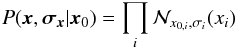 Mathematical equation: \begin{equation} P({\vec{x}},{\vec{\sigma_x}} \vert {\vec{x}_0}) = \prod_{i} \mathcal{N}_{x_{0,i}, \sigma_i}(x_i) \end{equation}