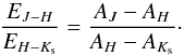 Mathematical equation: \begin{equation} \frac{E_{J-H}}{E_{H-K_{\rm s}}}=\frac{A_J-A_H}{A_H-A_{K_{\rm s}}}\cdot \end{equation}