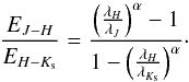 Mathematical equation: \begin{equation} \label{eq:slope} \frac{E_{J-H}}{E_{H-K_{\rm s}}}=\frac{\left(\frac{\lambda_H}{\lambda_J}\right)^\alpha -1}{1- \left(\frac{\lambda_H}{\lambda_{K_{\rm s}}}\right)^\alpha}\cdot \end{equation}