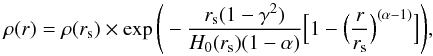 Mathematical equation: \begin{equation} \label{eq01} \rho(r) = \rho(r_{\rm s})\times \exp\Bigg( -{r_{\rm s}(1-\gamma^2) \over{H_0(r_{\rm s})(1-\alpha)}} \Big[1- \Big( {r \over{r_{\rm s}}} \Big)^{(\alpha-1)} \Big] \Bigg), \end{equation}