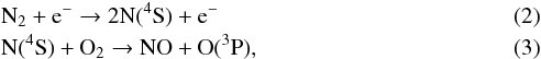 Mathematical equation: \begin{eqnarray} &&\text{N}_2 + \text{e}^- \rightarrow 2{\rm N(^4S)} + \text{e}^- \\ &&{\rm N(^4S)} + \text{O}_2 \rightarrow \text{NO} + {\rm O(^3P)}, \end{eqnarray}