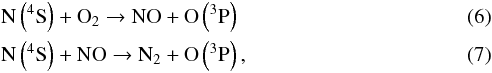 Mathematical equation: \begin{eqnarray} &&\text{N}\rm\left(^4S\right) + {\rm O}_2 \rightarrow \rm NO + O\left(^3P\right) \label{eqn:NO1}\\ &&\text{N}\rm\left(^4S\right) + {\rm NO} \rightarrow \rm N_2 + O\rm\left(^3P\right) \label{eqn:NO2}, \end{eqnarray}