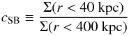 Mathematical equation: \begin{equation} c_{\mathrm{SB}} \equiv \frac{\Sigma(r< \mathrm{40~kpc})}{\Sigma(r< \mathrm{400~kpc})} \end{equation}