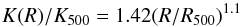 Mathematical equation: \begin{equation} K(R)/K_{500} = 1.42 (R/R_{500})^{1.1} \end{equation}