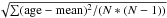 Mathematical equation: \hbox{$\sqrt{\sum ({\rm age -mean})^2/(N*(N-1))}$}