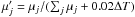 Mathematical equation: \hbox{$\mu'_j = \mu_j/(\sum_j \mu_j+0.02 \Delta T)$}