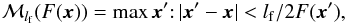 Mathematical equation: \begin{equation} \mathcal{M}_{l_{\rm f}}(F(\vec{x})) = \max{\vec{x}'{:}\,|\vec{x}'-\vec{x}|<l_{\rm f}/2} F(\vec{x}'), \end{equation}