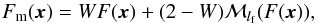 Mathematical equation: \begin{equation} F_{\rm m}(\vec{x}) = W F(\vec{x}) + (2-W)\mathcal{M}_{l_{\rm f}}(F(\vec{x})), \label{eq:FmW} \end{equation}