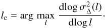 Mathematical equation: \begin{equation} l_{\rm c} =\argmax{l} \frac{\mathrm{d}\!\log \sigma^2_{\Delta}(l)}{\mathrm{d}\!\log l }\cdot \label{eq:dvar_lc} \end{equation}