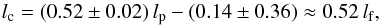 Mathematical equation: \begin{equation} l_{\mathrm c} = (0.52\pm0.02)\,l_{\mathrm p}-(0.14\pm0.36) \approx 0.52\,l_{\mathrm f}, \label{eq:lc-lp_circle} \end{equation}