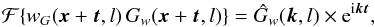 Mathematical equation: \begin{equation} \mathcal{F}\{w_G(\vec{x}+\vec{t},l) \, G_w(\vec{x}+\vec{t},l)\} = \hat{G}_w(\vec{k},l) \times {\rm e}^{{\rm i}\vec{k}\vec{t}}, \label{eq_shift_theorem} \end{equation}
