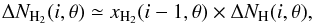 Mathematical equation: \appendix \setcounter{section}{1} \begin{equation} \Delta N_{\HH} (i,\theta) \simeq x_{\HH}(i-1,\theta) \times \Delta N_{\mathrm{H}} (i,\theta), \notag \\ \end{equation}