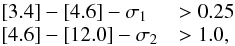 Mathematical equation: $$ \begin{array}{ll} [3.4] - [4.6] - \sigma_1 & > 0.25\\ {}[4.6] - [12.0] - \sigma_2 & > 1.0, \end{array} $$