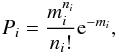 Mathematical equation: \begin{eqnarray} P_i = \frac{m_i^{n_i}}{n_i!}\text{e}^{-m_i}, \end{eqnarray}