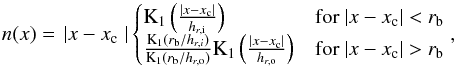 Mathematical equation: \begin{eqnarray} \label{model2D} n(x,z) = n_{bg} + n_0 \text{sech}^2\left(\frac{z-z_{\rm c}}{z_0}\right) n(x) \end{eqnarray}